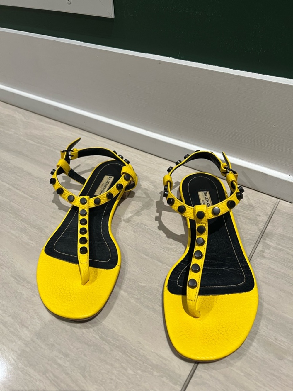 Balenciaga Yellow T-Strap Studded Women's Sandals